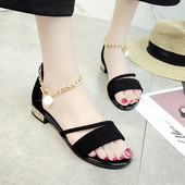 Sandale dama din piele intoarsa cu pietre decorative pe toc si lant la glezna