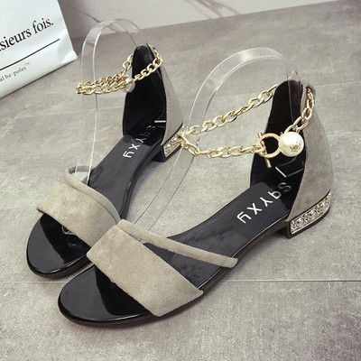 Sandale dama din piele intoarsa cu pietre decorative pe toc si lant la glezna