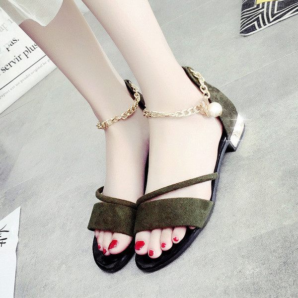 Sandale dama din piele intoarsa cu pietre decorative pe toc si lant la glezna