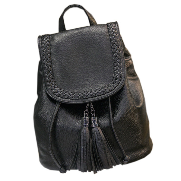 Rucsac de dama de culoare neagra din piele ecologica cu elemente metalice si ciucuri