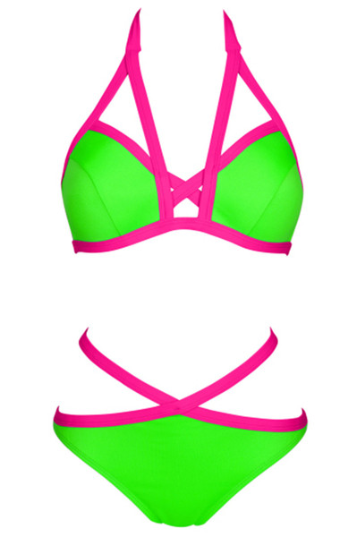 Costum de baie de damă din două piese în culori neon