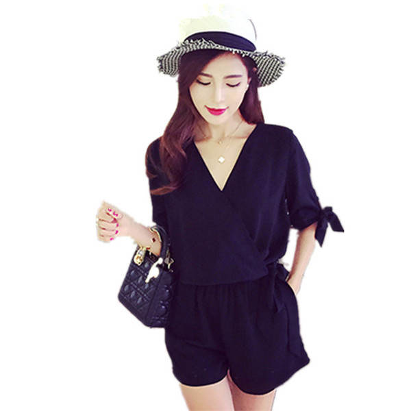 Stílusos női jumpsuit 3/4 ujjal, V-nyakú piros és fekete színben