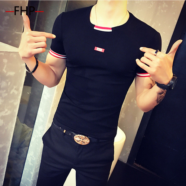 Tricou simplu pentru bărbați, slim-fit, cu guler O