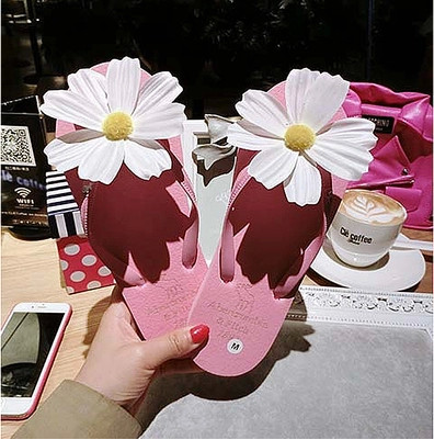 Papuci de plaja de dama din cauciuc cu floare decorativa, in diferite culori