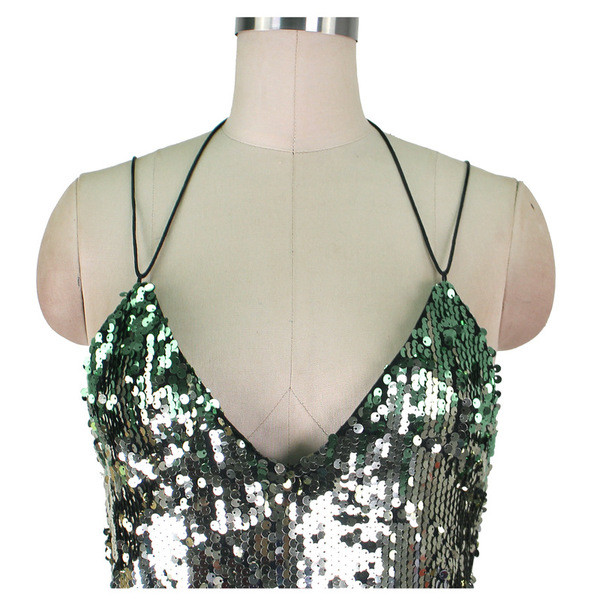 Rochie de dama stilata de vara din paiete cu decolteu in V si spate gol cu cravate