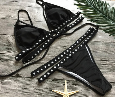 Costum de baie modern, din două piese, de damă, negru, cu cravate