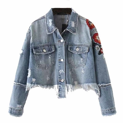Geaca de dama scurta din denim primavara-toamna - rupta si cu broderie florala