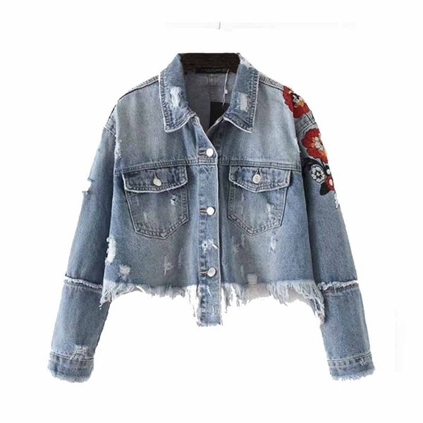 Geaca de dama scurta din denim primavara-toamna - rupta si cu broderie florala