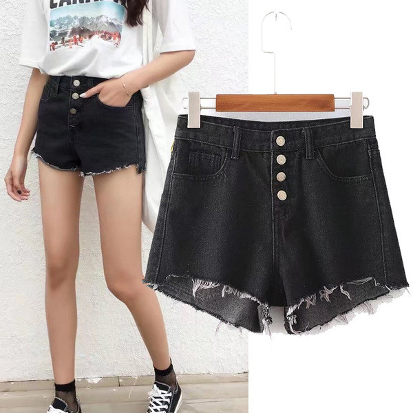 Pantaloni scurți de damă din denim cu talie înaltă cu nasturi de culoare închisă