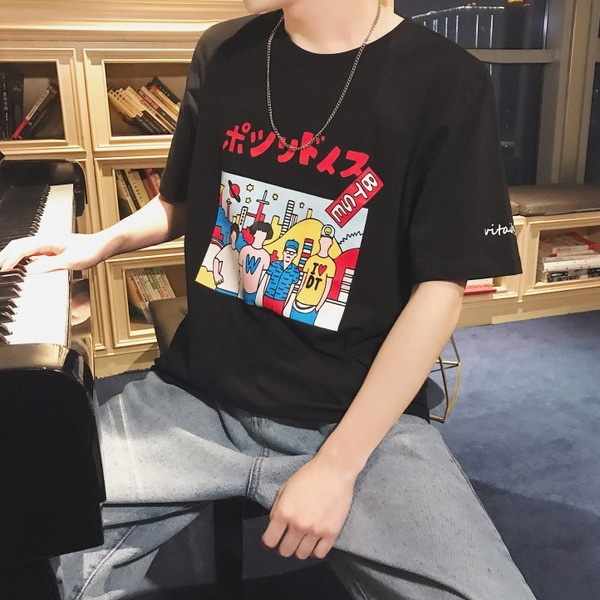 Tricou la zi cu maneci scurte - model larg + imprimeu colorat