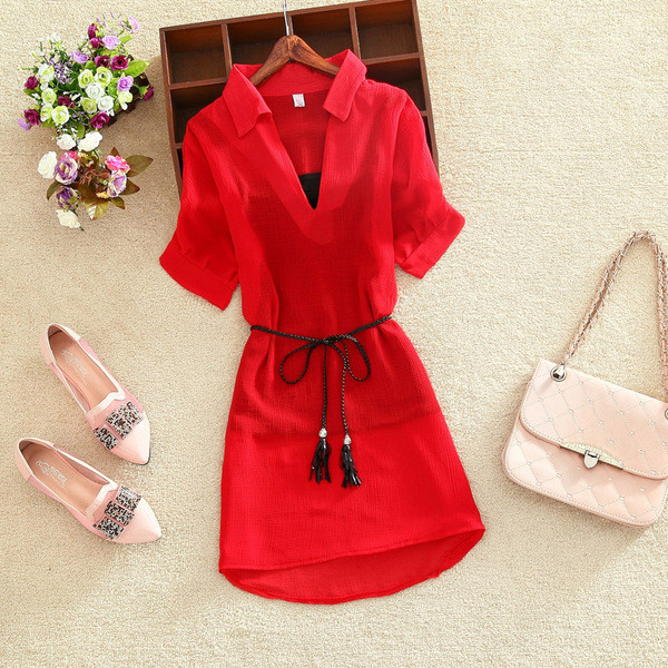 Női nyári hosszú ing rövid ujjú, V-nyakú több színben