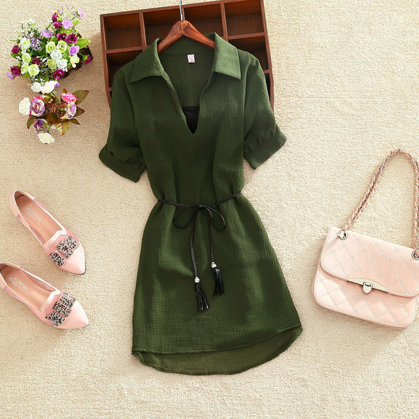 Női nyári hosszú ing rövid ujjú, V-nyakú több színben