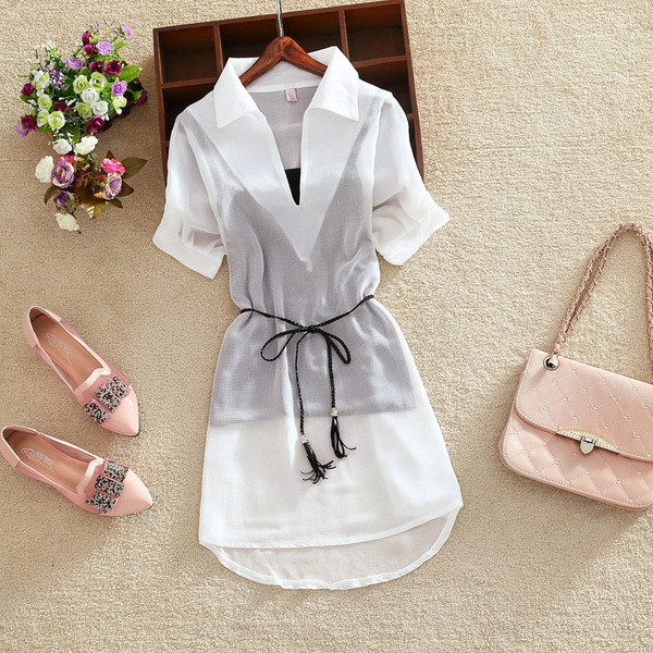 Női nyári hosszú ing rövid ujjú, V-nyakú több színben