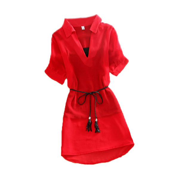 Női nyári hosszú ing rövid ujjú, V-nyakú több színben