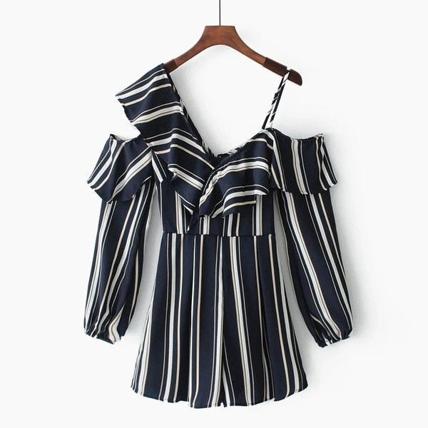 Salopetă de damă în dungi, elegantă de vară, cu mâneci lungi și volane