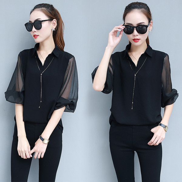 Cămașă elegantă de damă cu decolteu în V în mai multe culori cu mâneci transparente