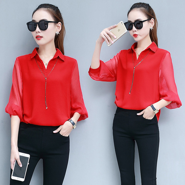 Cămașă elegantă de damă cu decolteu în V în mai multe culori cu mâneci transparente