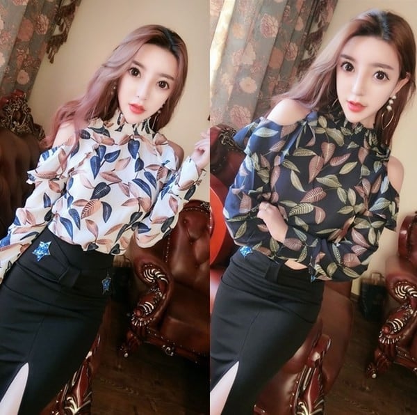 Cămașă de damă model Slim cu umerii deschiși în două culori cu motive florale