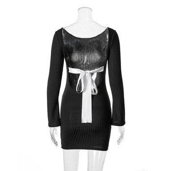 Rochie scurtă de damă simplă, cu mâneci lungi și spate gol, cu o panglică