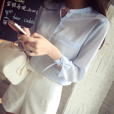 Дамска лятна риза с дълъг ръкав с декоративни джобове и панделка на ръкавите
