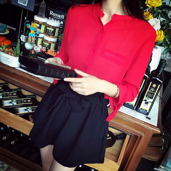 Cămașă de vară pentru femei, cu mâneci lungi, cu buzunare decorative și panglică pe mâneci