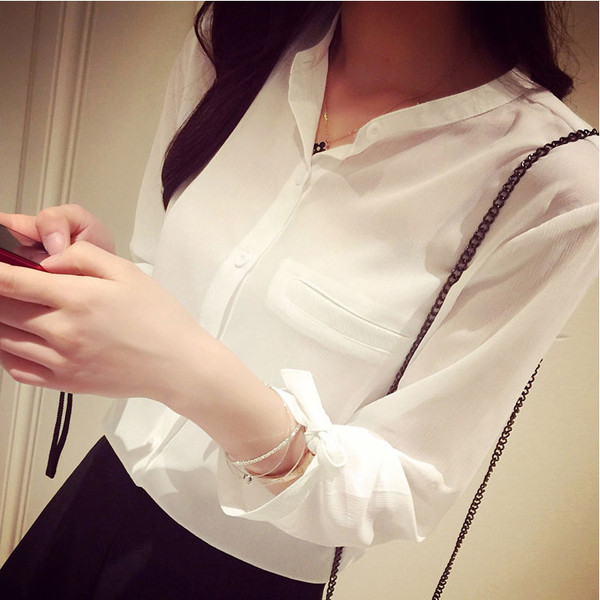 Cămașă de vară pentru femei, cu mâneci lungi, cu buzunare decorative și panglică pe mâneci