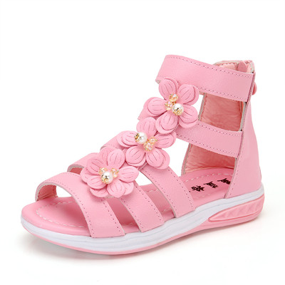 Sandale pentru copii moderne pentru fete cu flori decorative si perle in trei culori