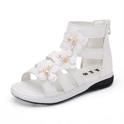 Sandale pentru copii moderne pentru fete cu flori decorative si perle in trei culori