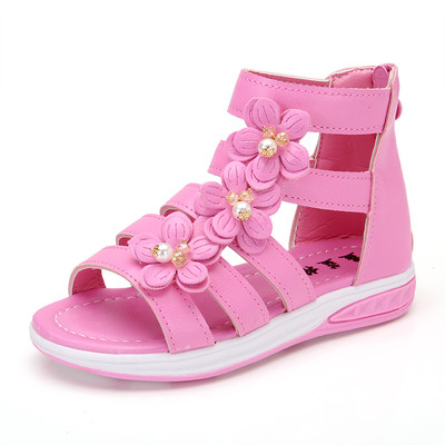Sandale pentru copii moderne pentru fete cu flori decorative si perle in trei culori
