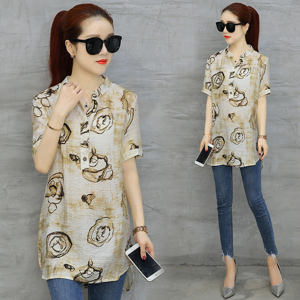 Лятна дамска риза с къс ръкав в флорален десен