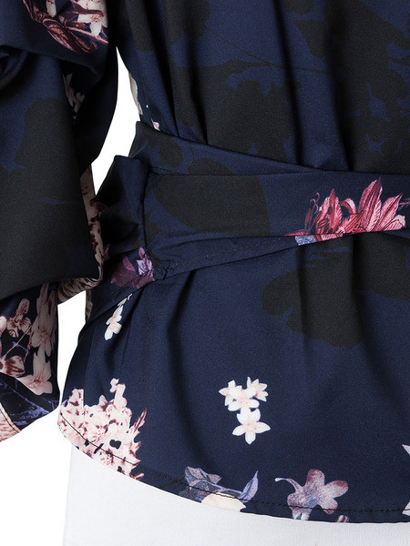 Bluza de vara de dama cu decolteu in V cu motive florale si curea in talie