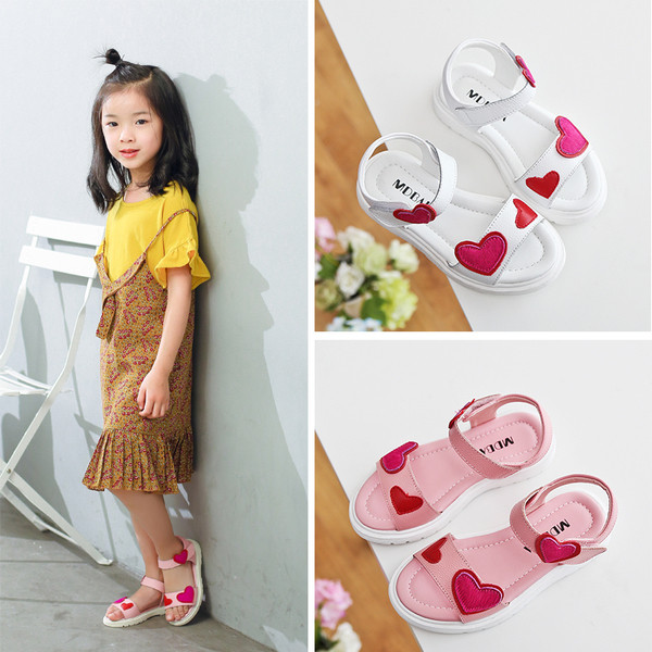 Модерни детски ежеденевни сандали с цветна апликация сърце в два цвята 