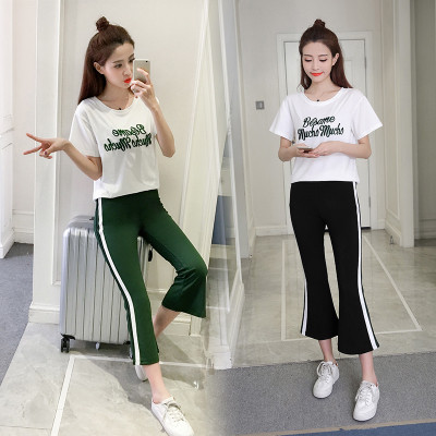 Sport - echipa casual feminina in doua parti - tricou cu inscriptie si lungime pantaloni 7/8 in trei culori