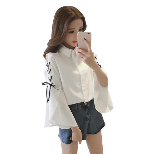 Cămașă de damă în două culori cu mâneci largi și cravate încrucișate decor