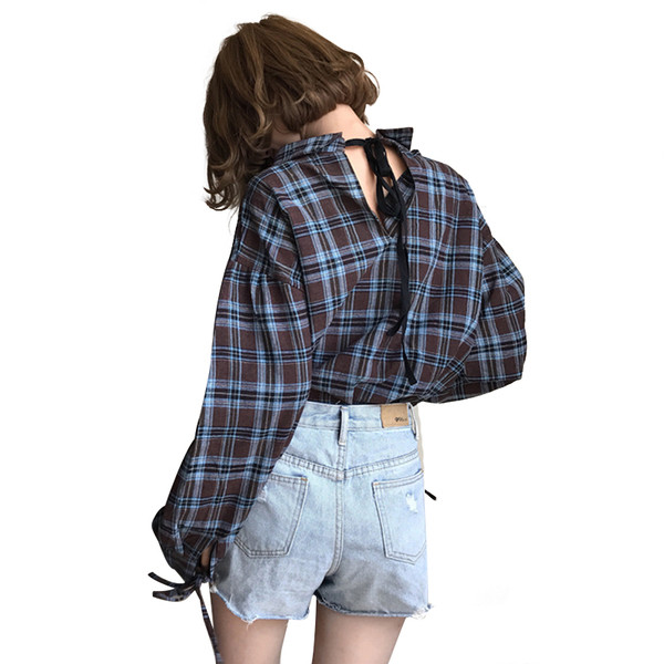 Дамска риза широк модел с панделка на гърба и връзки на ръкавите