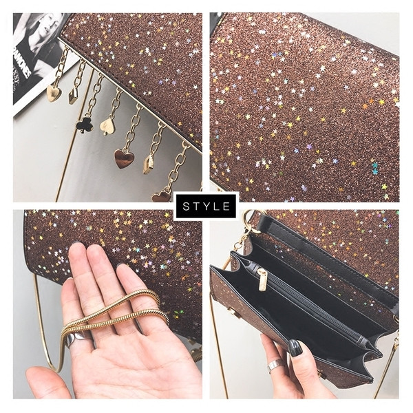 Mini geantă elegantă cu paiete și elemente metalice suspendate