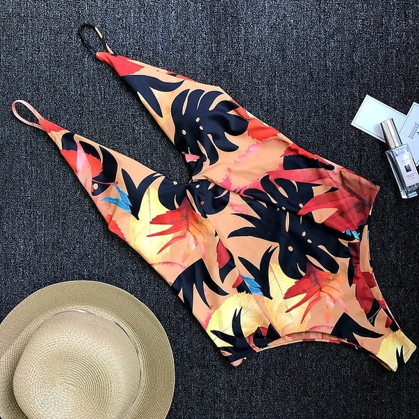 Costum de baie intreg nou de dama cu spatele gol si cravate incrucisate, cu imprimeu floral