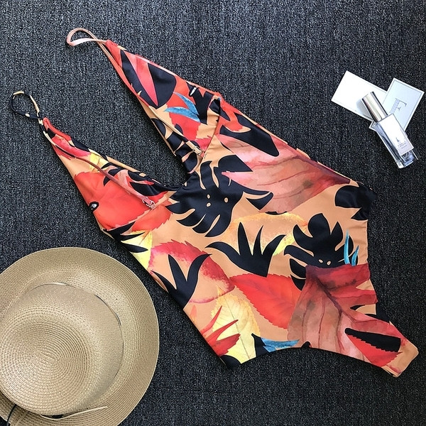 Costum de baie intreg nou de dama cu spatele gol si cravate incrucisate, cu imprimeu floral