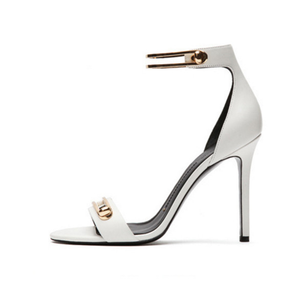 Sandale noi elegante de dama cu toc inalt cu bareta metalica, in bej si negru