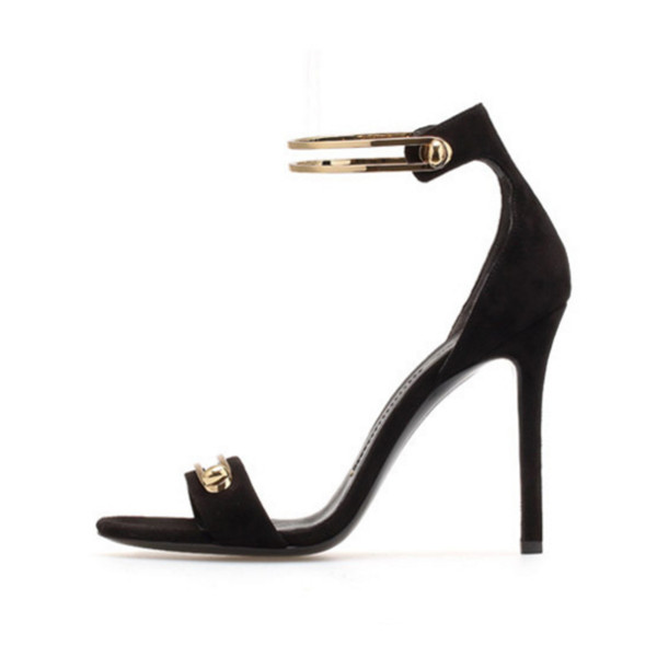 Sandale noi elegante de dama cu toc inalt cu bareta metalica, in bej si negru