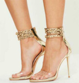 Elegáns női szandál magassarkúval és átlátszó pánttal arany és ezüst színben