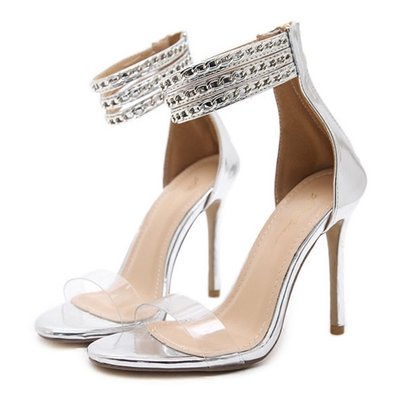 Elegáns női szandál magassarkúval és átlátszó pánttal arany és ezüst színben
