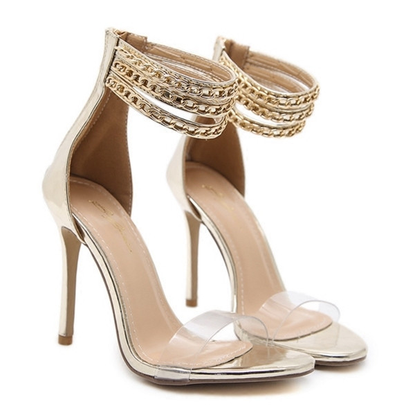 Elegáns női szandál magassarkúval és átlátszó pánttal arany és ezüst színben