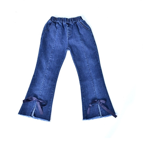 Blugi moderni pentru copii pentru fete cu fanta, franjuri si panglica