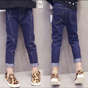 Blugi copii simpli pentru fete, potriviti pentru uzul de zi cu zi, tip Pencil cu tiv de culoare indigo