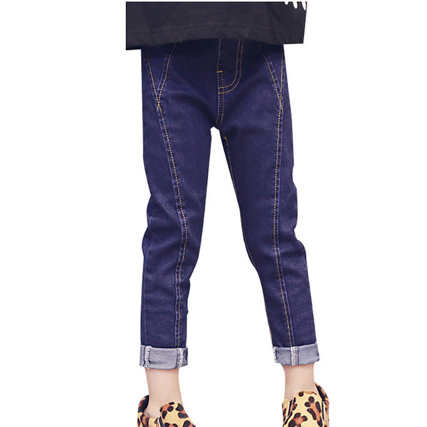 Blugi copii simpli pentru fete, potriviti pentru uzul de zi cu zi, tip Pencil cu tiv de culoare indigo