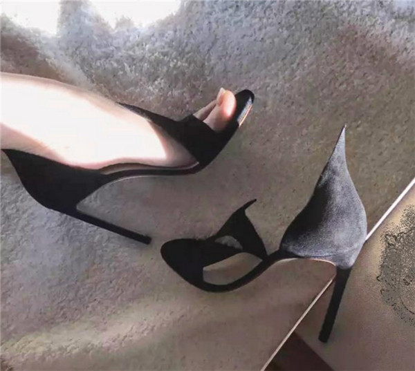 Sandale casual dama cu toc inalt din piele intoarsa ecologica de culoare neagra