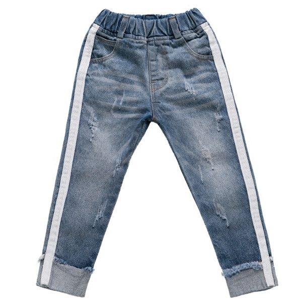 Спортно-ежедневни детски дънки за момичета с кръпки и цветен бял кант в светъл цвят