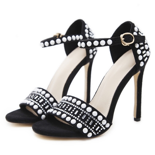 Sandale de dama elegante cu toc in negru si bej cu decor