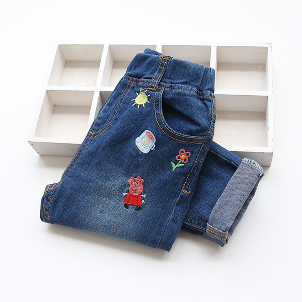 Blugi copii moderni pentru fete cu talie inalta si imprimeu color interesant in culoare deschisa, doua modele